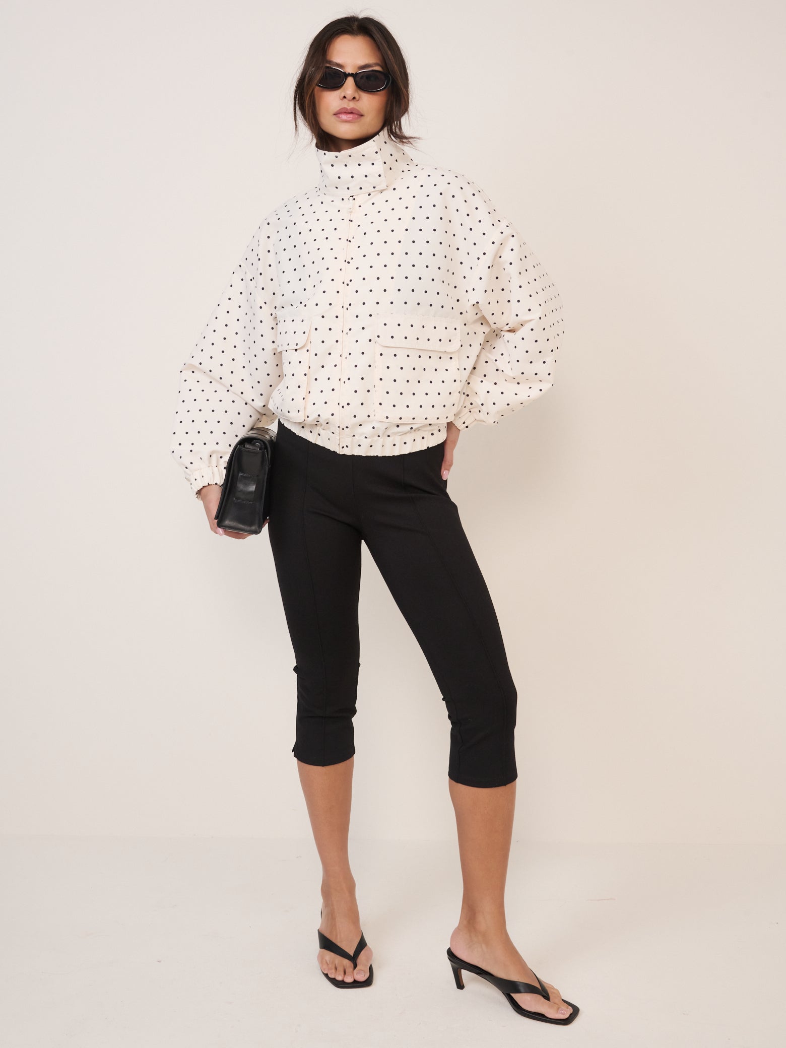White Polka Dot Funnel Neck Windbreaker Jacket