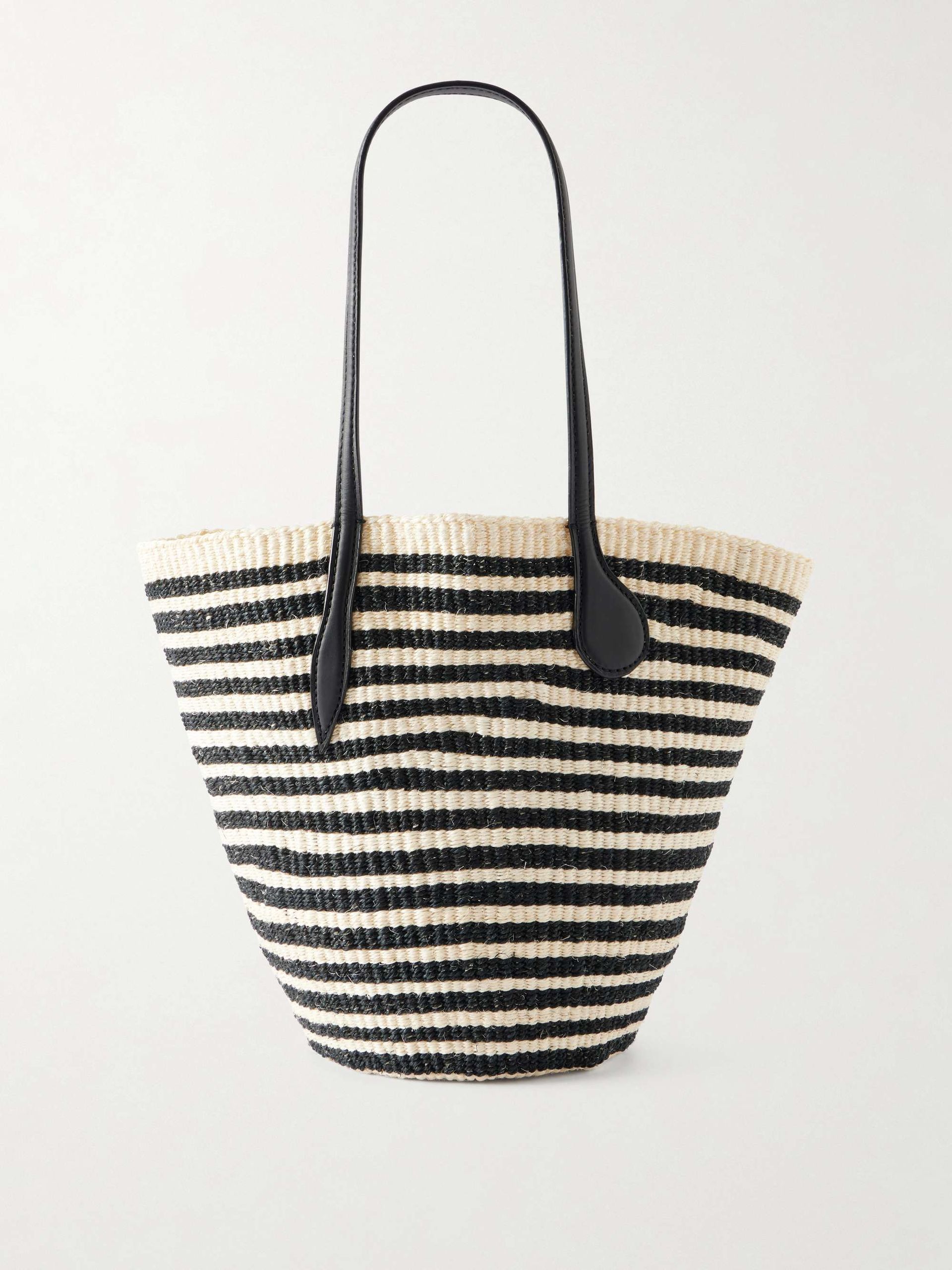 Striped Leather-Trimmed Sisal Shoulder Bag