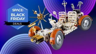 A Lego Technic NASA Lunar Roving Vehicle against a purple background, wiuth a Space Black Friday deals logo.