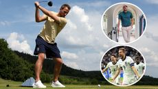 Main image of Harry Kane playing golf on England duty with inset photos of Kane wearing Reflo gear (top left) and celebrating a goal for England (bottom right)