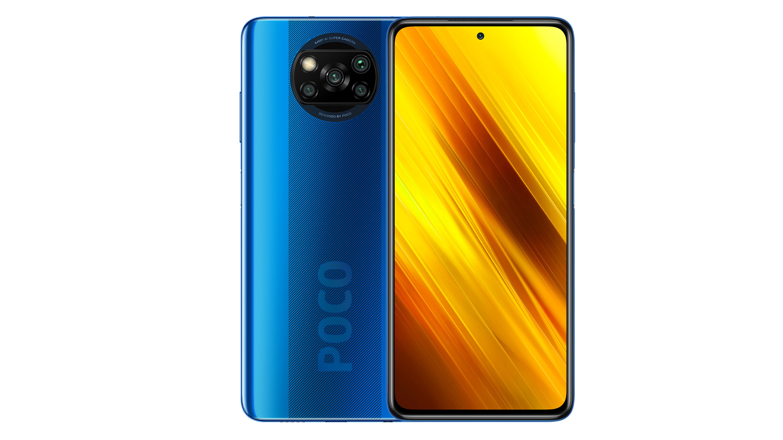  A blue and yellow Xiaomi Poco smartphone with text displaying Poco on the back and a triple camera system.