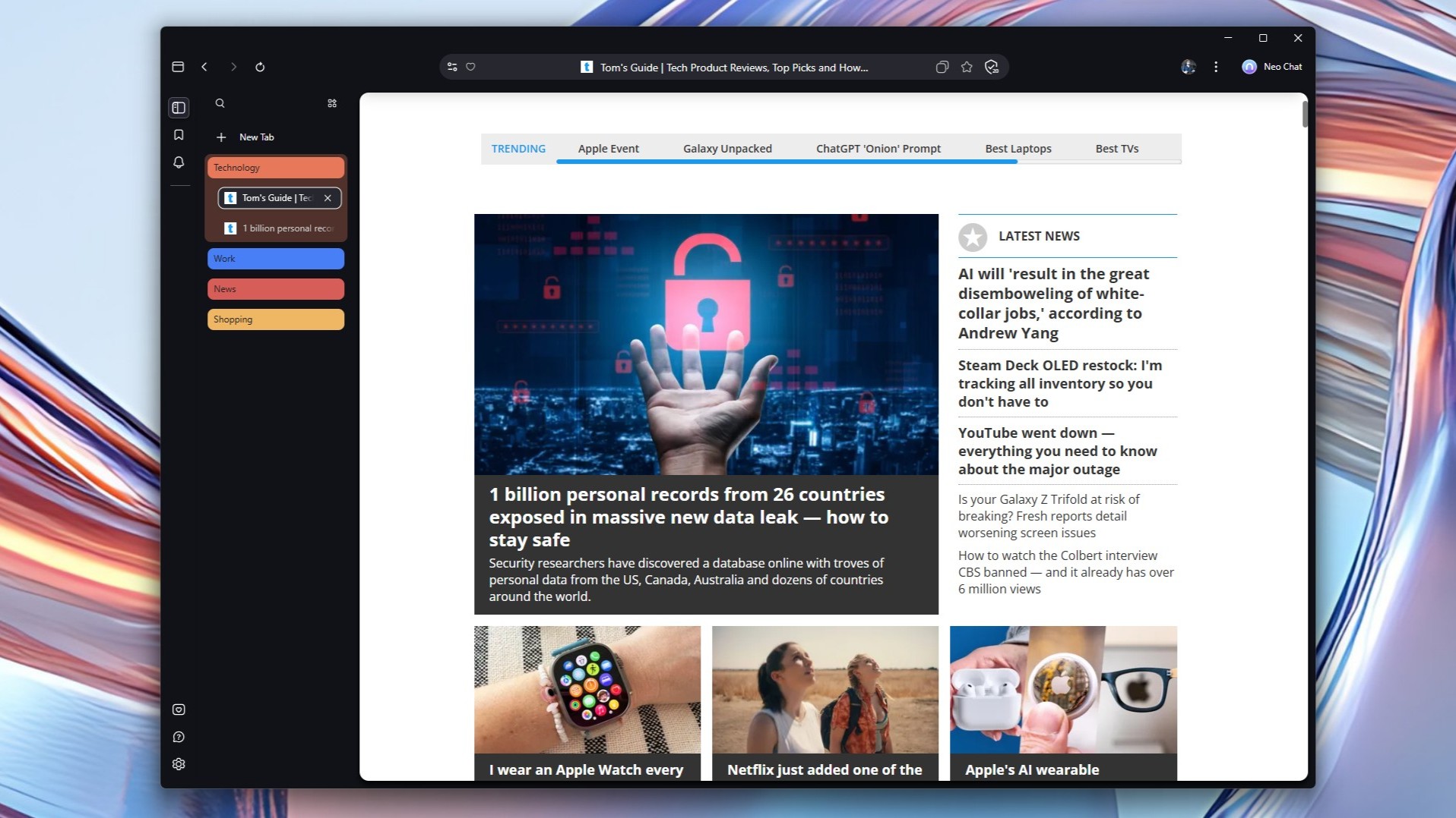 A screenshot showing vertical tabs on the left side of Norton's Neo browser
