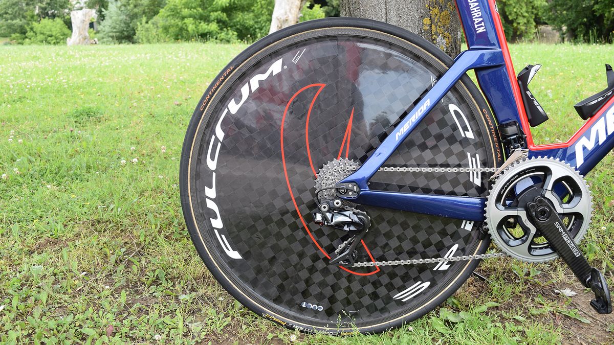 The rear wheel on Nibali's machine is a full disc Fulcrum Speed 360T