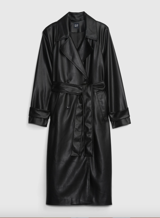 a leather trench coat on a plain backdrop