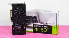 A PNY GeForce RTX 4060 Ti on a desk with a pink desk mat.