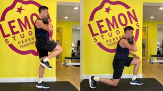 Sam Shaw demonstrates two positions of the kettlebell reverse lunge and knee drive