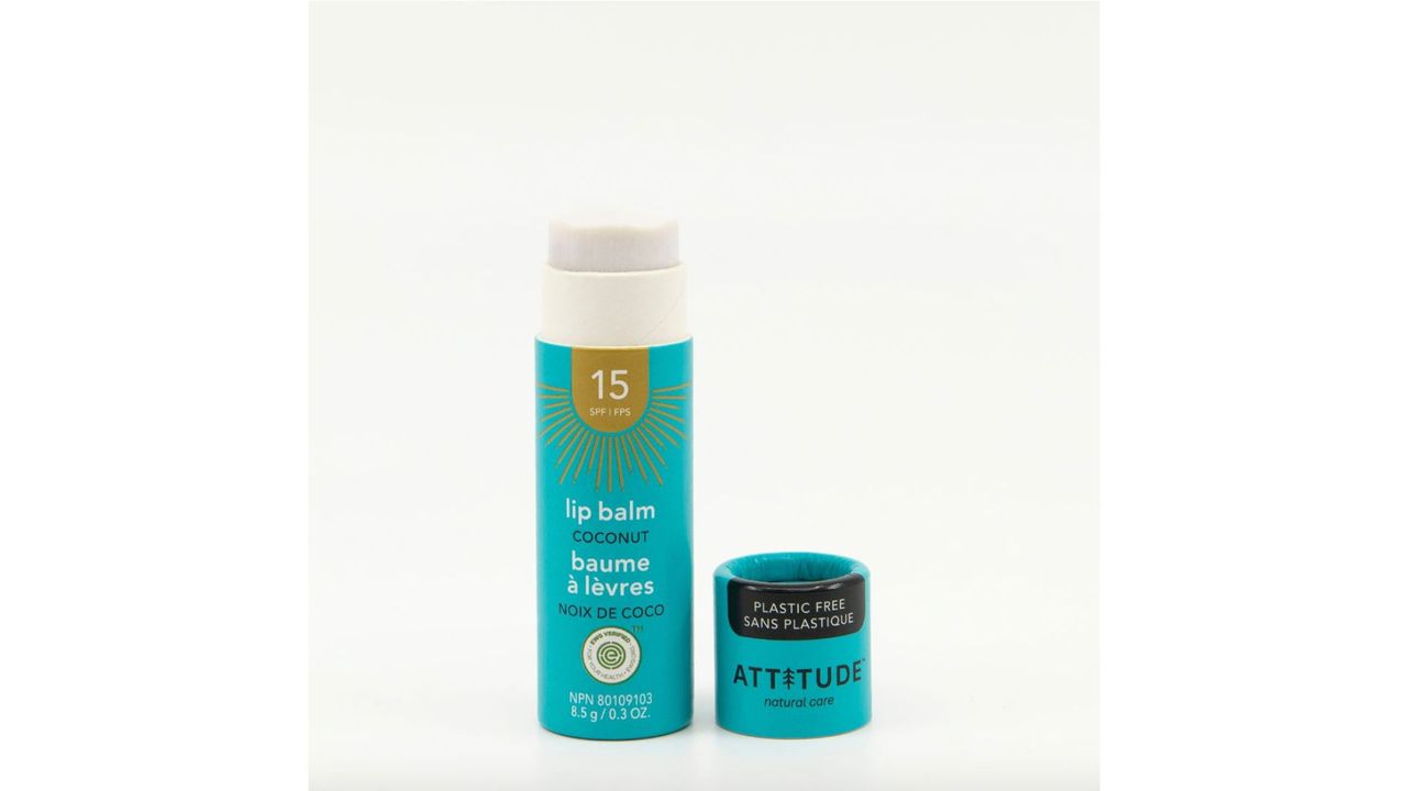Attitude Lip Balm SPF 15 in a blue cardboard push tube for the best SPF lip balm.