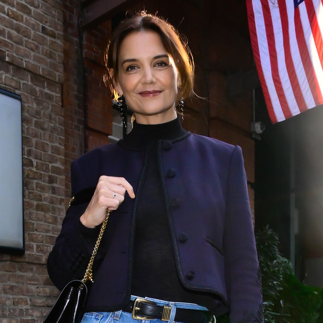 Katie Holmes attended a NYFW event in wide-leg jeans and a cropped jacket