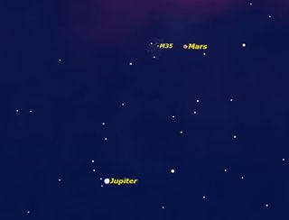 An hour before sunrise on July 16, the planet Mars passes the open cluster Messier 35 in Gemini.