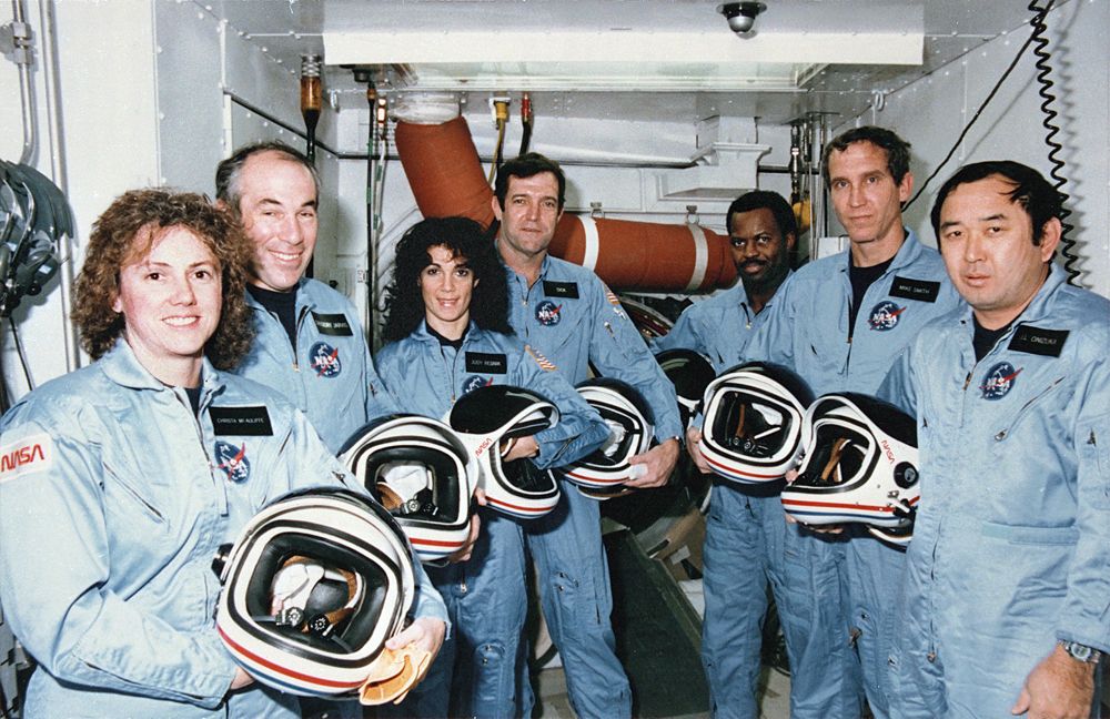 The crew of the space shuttle Challenger&#039;s STS-51L mission, which ended in tragedy shortly after launch on Jan. 28, 1986. From left to right, the astronauts are Christa McAuliffe, Gregory Jarvis, Judy Resnik, Dick Scobee, Ronald McNair, Michael Smith and Ellison Onizuka.