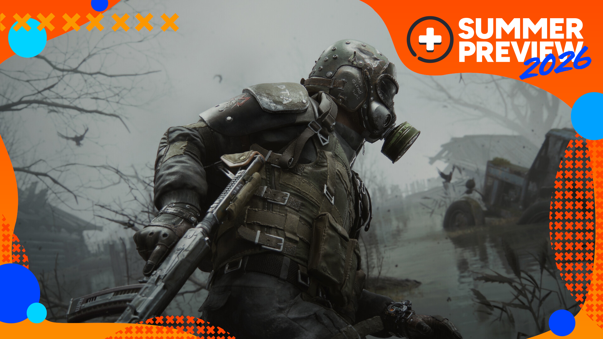 A character in a gas mask from Metro 2039, with the GamesRadar+ Summer Preview 2026 orange and blue frame