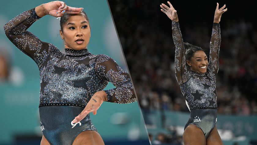 Left image Jordan Chiles, right image Simone Biles both competing in gymnastics