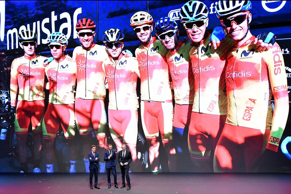 Former pro Perico Delgado, Vuelta director Javier Guillen and TV commentator Carlos de Andr&eacute;s on stage at the Vuelta presentation