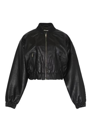 Cropped Leather Bomber Jacket