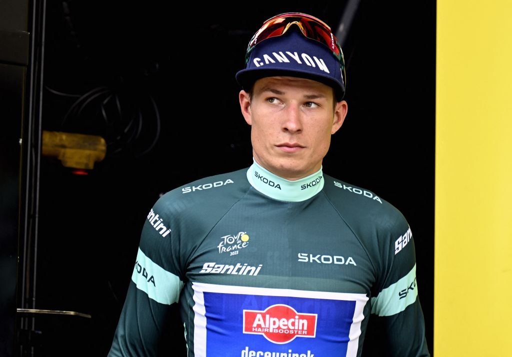Belgian Jasper Philipsen of AlpecinDeceuninck celebrates on the podium in the green jersey of leader in the sprint ranking after stage 8 of the Tour de France cycling race a 2007 km race from Libourne to Limoges France Saturday 08 July 2023 This years Tour de France takes place from 01 to 23 July 2023 BELGA PHOTO DIRK WAEM Photo by DIRK WAEM BELGA MAG Belga via AFP Photo by DIRK WAEMBELGA MAGAFP via Getty Images