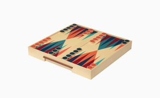 Backgammon set in blue and red printed maple, by Hermès