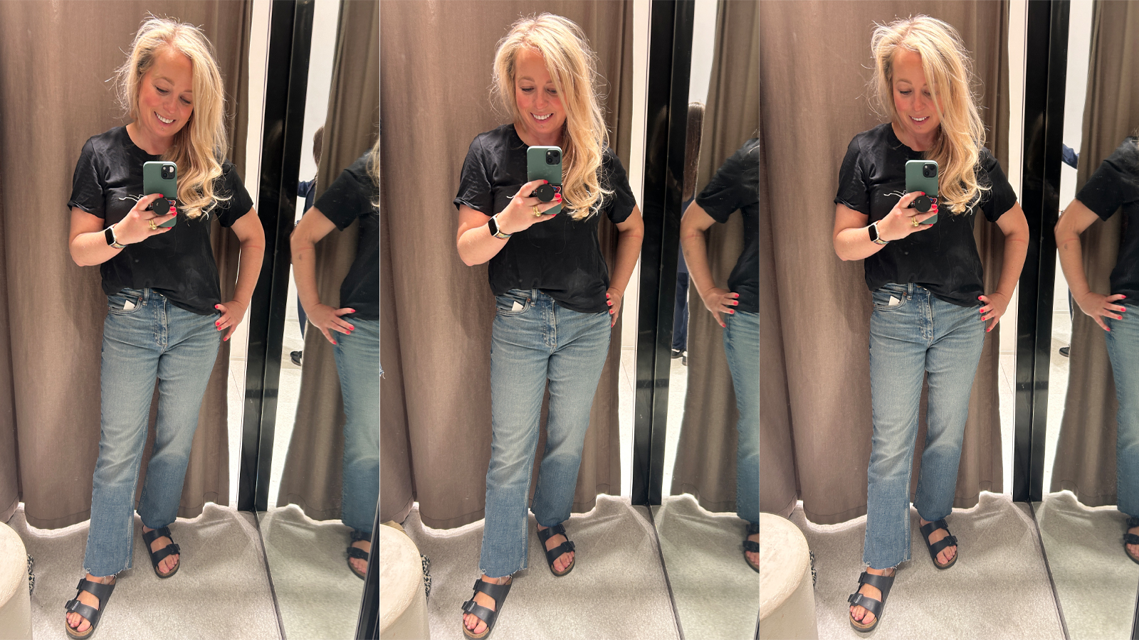 composite image of tester trying on Zara jeans