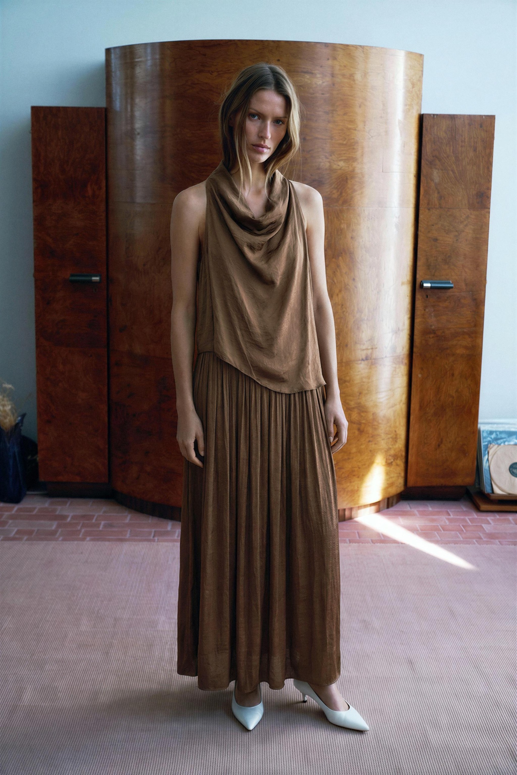 Satin Midi Dress - Brown - Xs