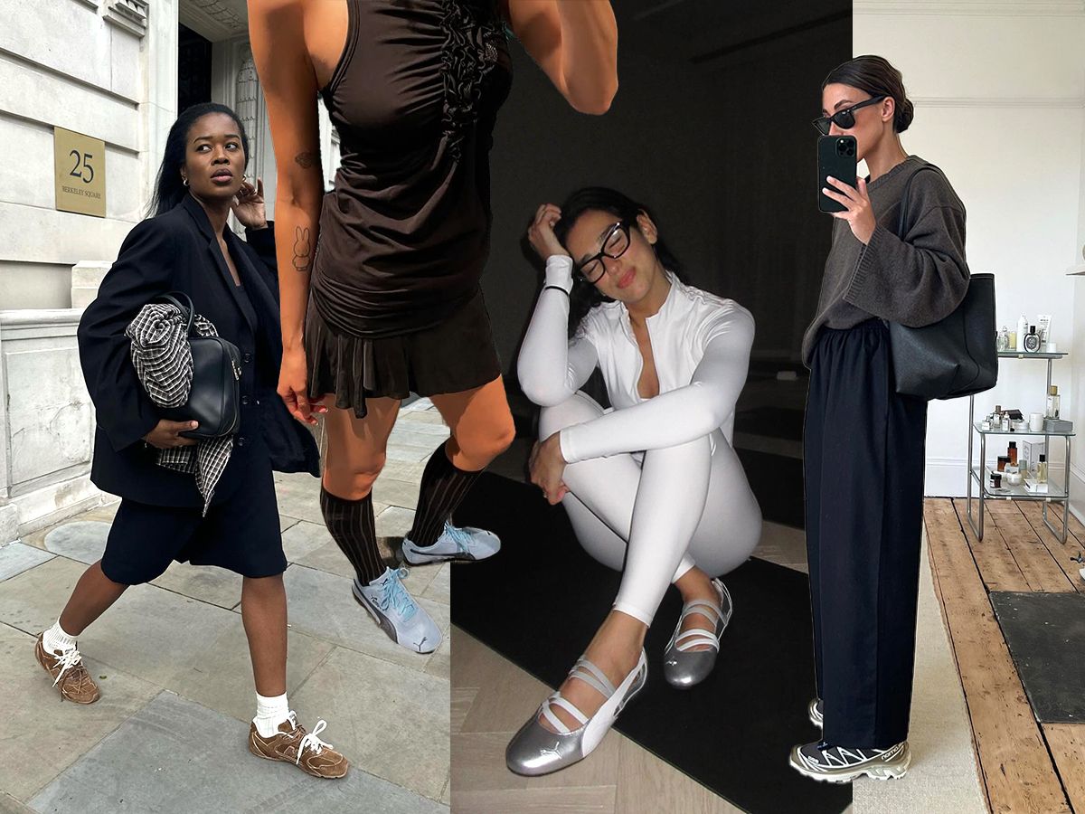 Influencer Marilyn wears brown suede sneakers with long back shorts and an oversize blazer. Influencer Susie Garvie wears blue Puma Speedcat sneakers. Dua Lipa wears Puma ballet sneakers and a white workout set. Influencer wears Salomon sneakers with black trousers and an oversize brown sweater.