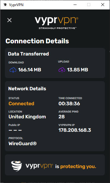 An image of VyprVPN's app showing VPN details.