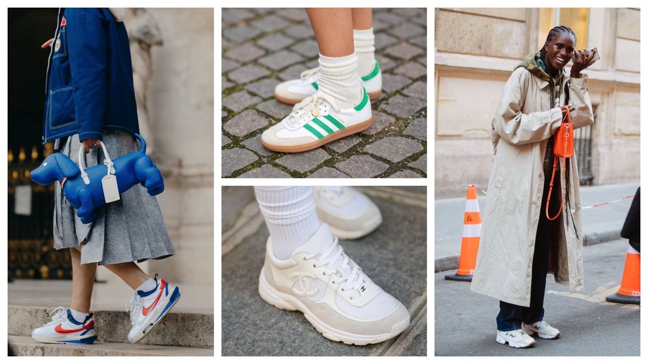 COPENHAGEN, DENMARK - FEBRUARY 01: Emili Sindlev wears white socks, white shiny leather and green logo suede sneakers from Adidas , outside OperaSport , during the Copenhagen Fashion Week Autumn/Winter 2023 on February 01, 2023 in Copenhagen, Denmark. (Photo by Edward Berthelot/Getty Images)