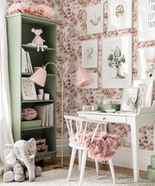 Green bookshelf in girls bedroom by Poster Store
