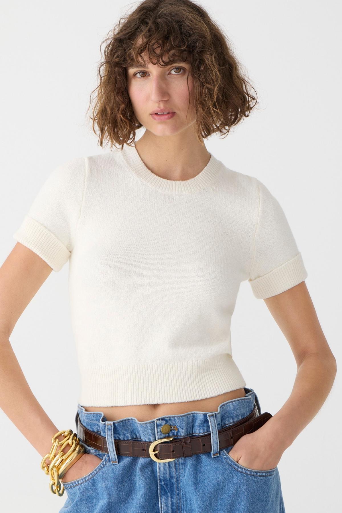 J.Crew Cuff-Sleeve Cropped Crewneck Sweater in Textured Bouclé