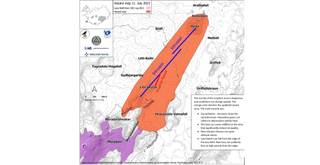 A map showing the hazard zone following the volcanic eruption in Iceland.