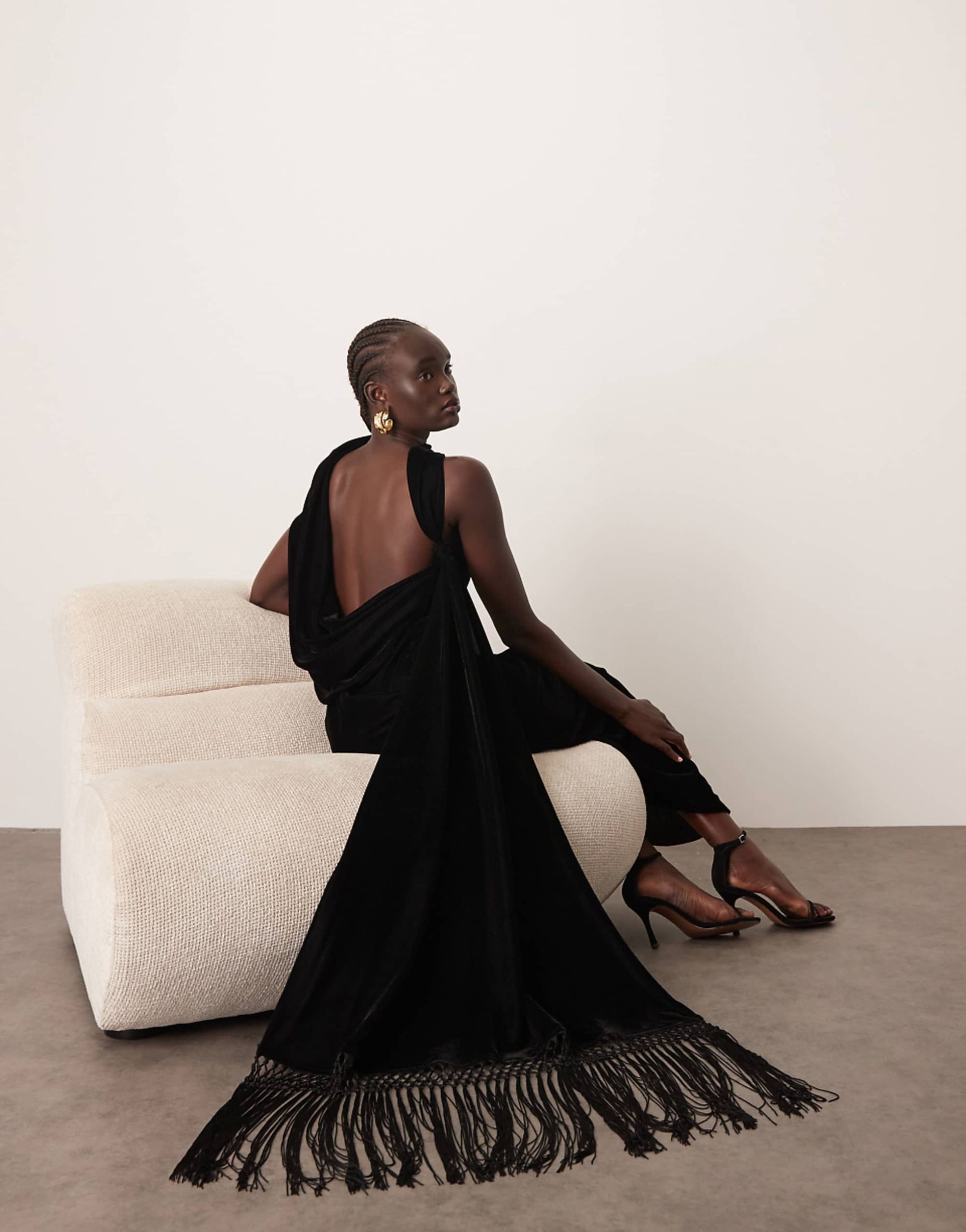 Arrange Scarf Neck Draped Velvet Maxi Dress With Low Back and Train in Black