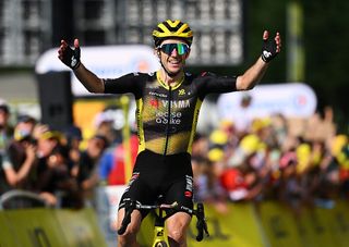 Simon Yates of Great Britain and Team Visma | Lease a Bike celebrates at finish line as stage winner during the 112th Tour de France 2025, Stage 10 a 165.3km stage from Ennezat to Le Mont-Dore Puy de Sancy (Super Sancy)