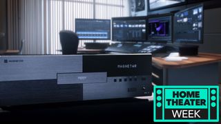 Magnetar UDP900MKII 4K Blu-ray player lifestyle image with home theater week logo 
