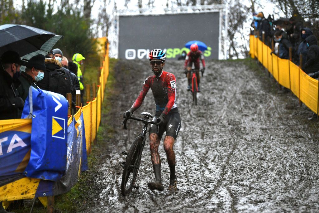 BOOM BELGIUM DECEMBER 04 Christine Majerus of Luxembourg and Team SD Worx competes on a muddy sector during the 7th Superprestige Cyclocross Boom 2021 Womens Elite SPBoom Superprestige2022 on December 04 2021 in Boom Belgium Photo by Luc ClaessenGetty Images