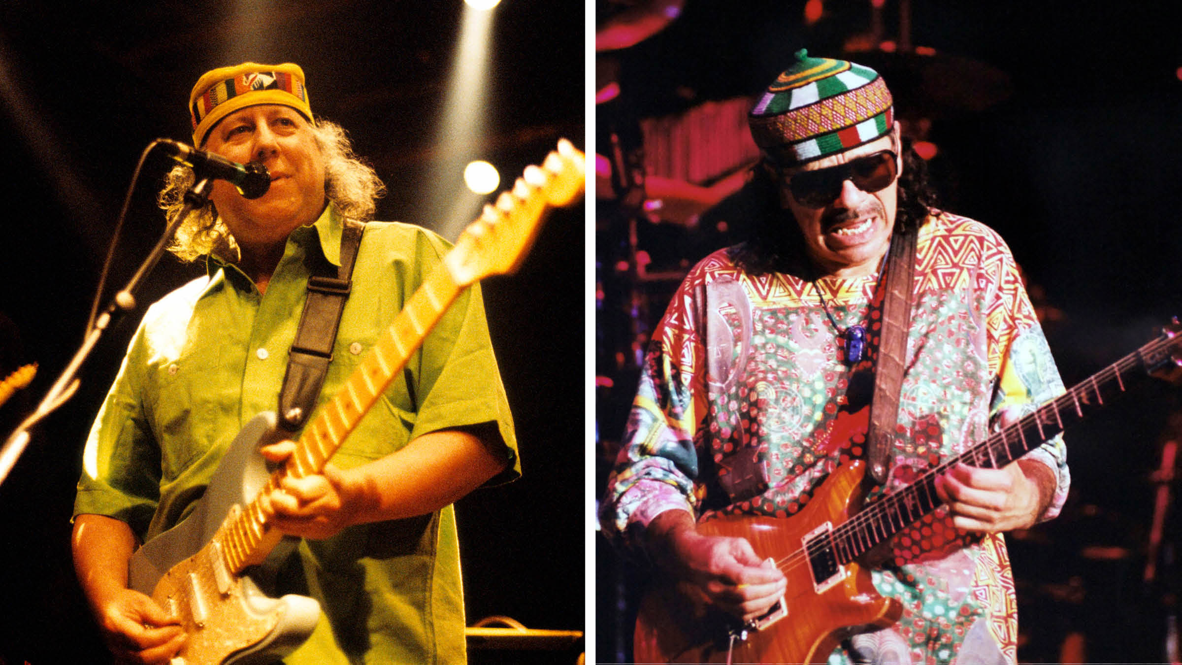 Peter Green wears a short-sleeved shirt and plays a gray Stratocaster [left] while Carlos Santana plays his PRS signature model, wears shades and is really feeling his solo onstage.