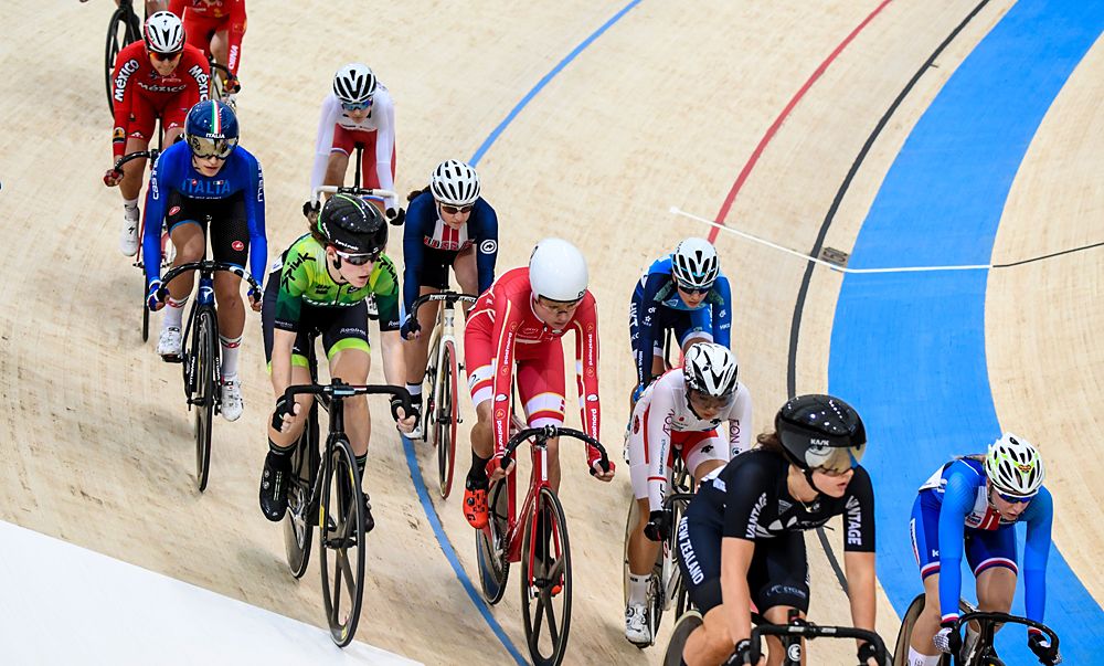 Cyclists compete in the women's Omnium Tempo race 2/4 during the Tissot UCI Track Cycling World Cup