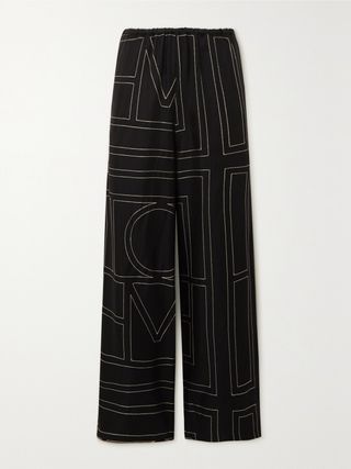 Embroidered Silk-Twill Wide-Leg Pants