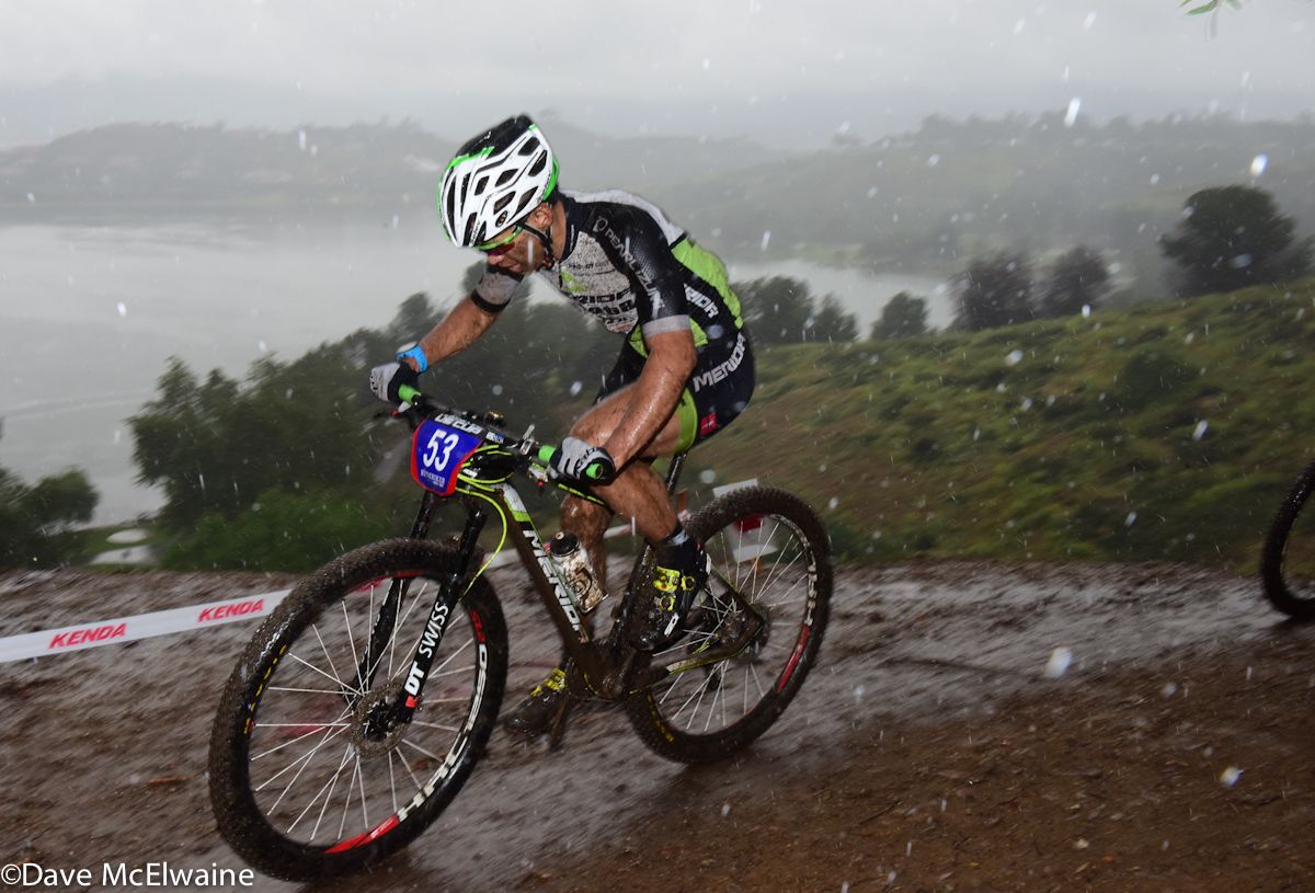 Riders had to deal with heavy rain and mud during their seven-lap race