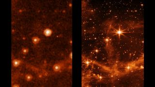 The Large Magellanic Cloud, as seen by NASA's Spitzer Space Telescope (left) and the new James Webb Space Telescope (right).