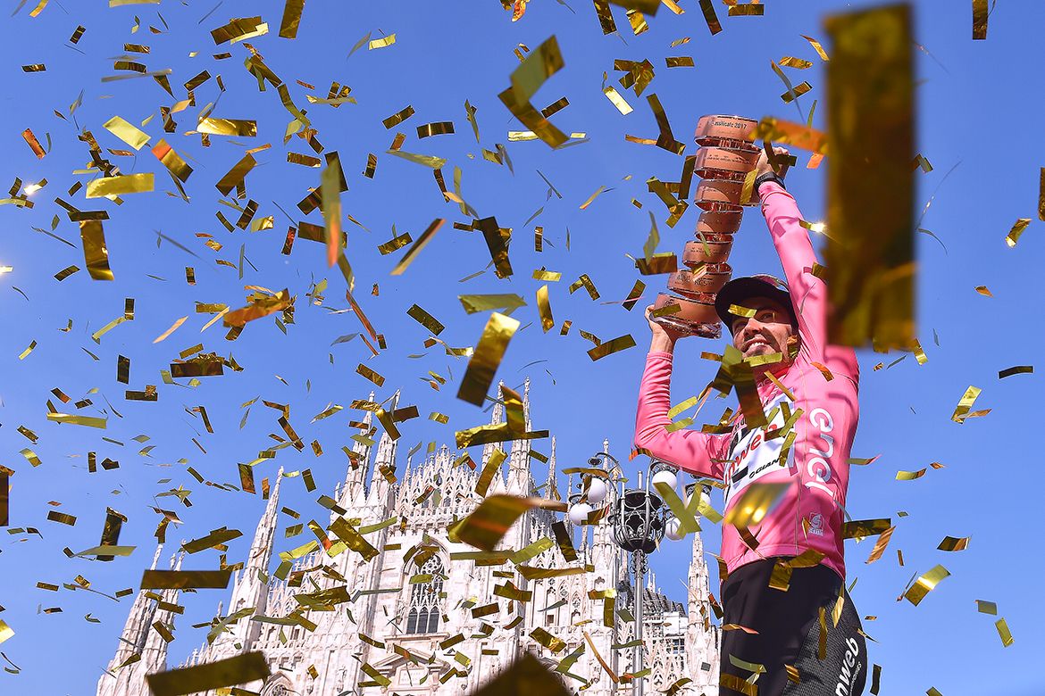 Tom Dumoulin celebrates his first Grand Tour win.