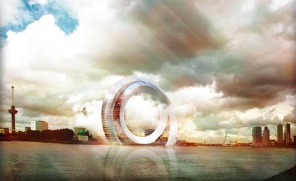 A digital image of the Dutch wind wheel building formed of two rings, photographed from a distance across the river with a view of the city behind the wheel