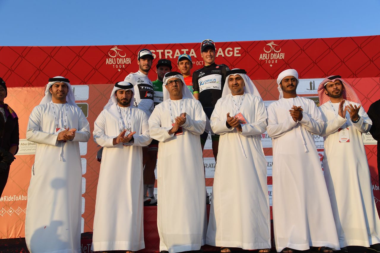 The podium at the Abu Dhabi Tour