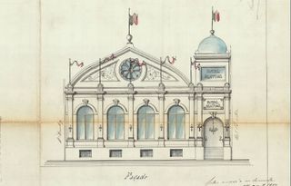 Archival architectural illustration of the facade of the Royal Skating rink in Brussels, dated 1877. The roller skating rink is now an art gallery