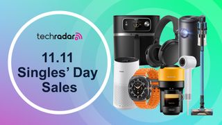 Assortment of tech on a pink and green gradient background with "11.11 Singles' Day Sales" text