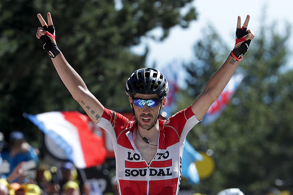 MONTPELLIER, FRANCE - JULY 14: Thomas De Gendt of Belgium riding for Lotto Soudal celebrates as he wins stage twelve, a 178km stage from Monpellier to Chalet-Reynard near the Mont Ventoux on July 14, 2016 in Montpellier, France. (Photo by Chris Graythen/Getty Images)