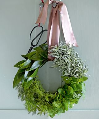 Winter wreath made with a selection of herbs.