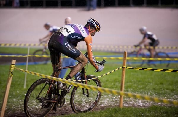 Trebon snaking through the infield of the velodrome.