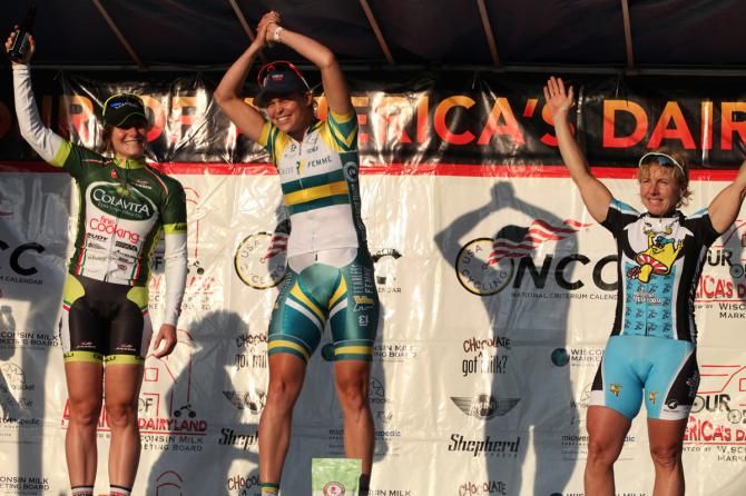 Shorewood Criterium Cycling Classic women's podium (L-R): Jen Purcell, Kimberley Wells and Laura Van Gilder