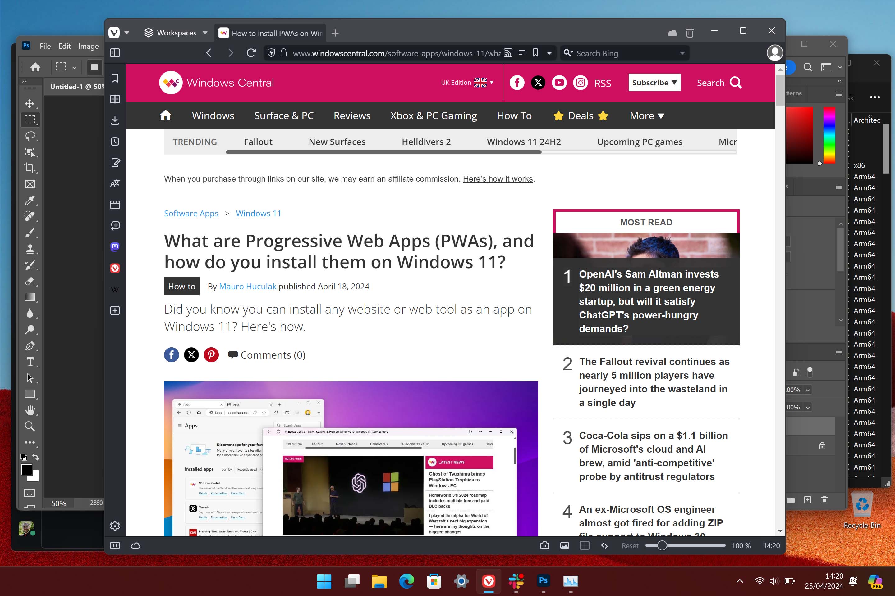 Spotify, Slack, Adobe Photoshop, and Vivaldi browser running on a Surface Pro X