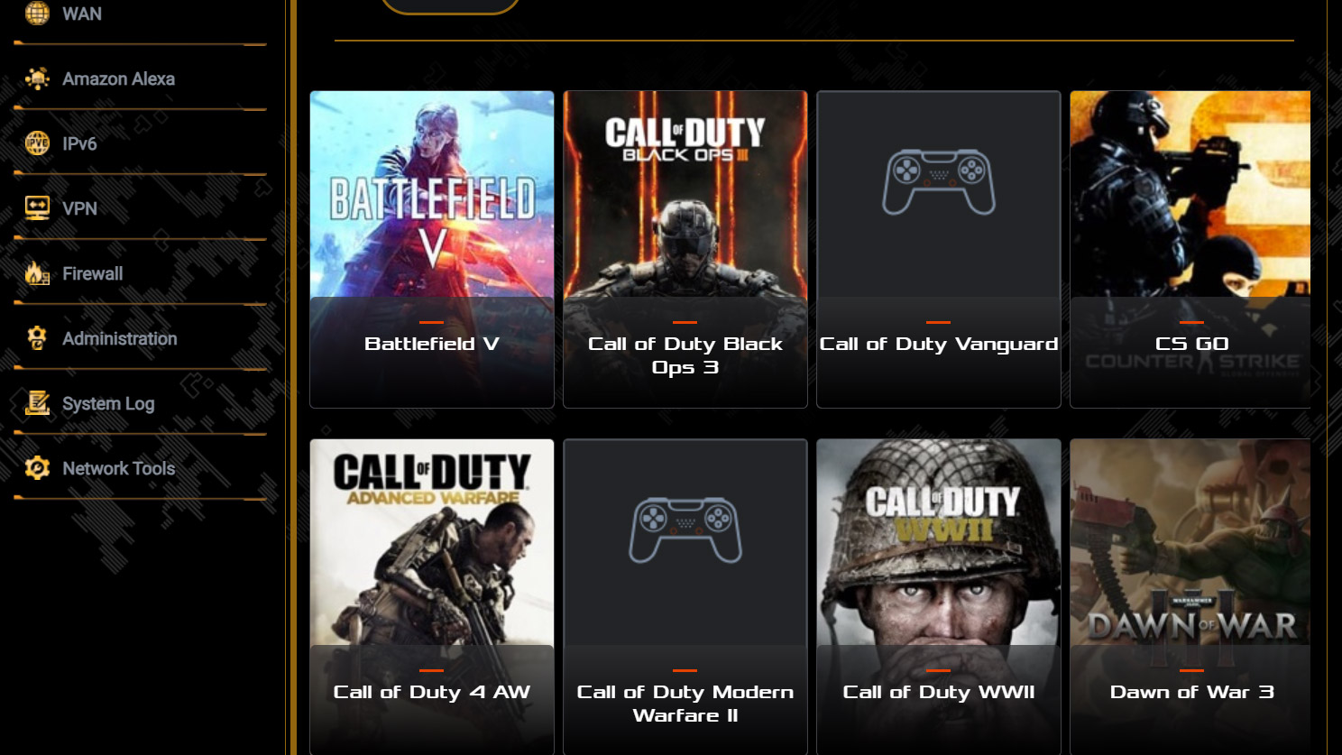 A screenshot of the Asus TUF Gaming BE6500 router web interface.