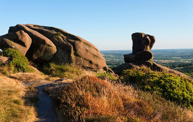 Summer evening view from the rock formation of Ramshaw Rocks near Leek in the English Peak District National Park