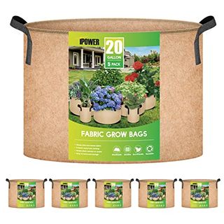 Ipower 5-Pack 20 Gallon Plant Grow Bags Thickened Nonwoven Aeration Fabric Pots Heavy Duty Durable Container, Strap Handles for Garden, Tan